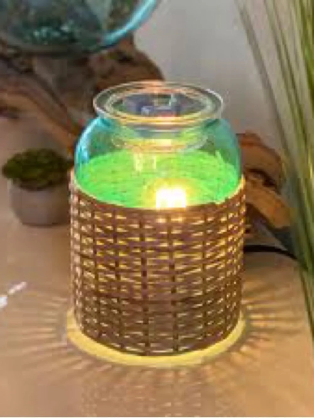 Scentsy Teal Glass Jar with Woven Rattan Sleeve, Brand new in box.